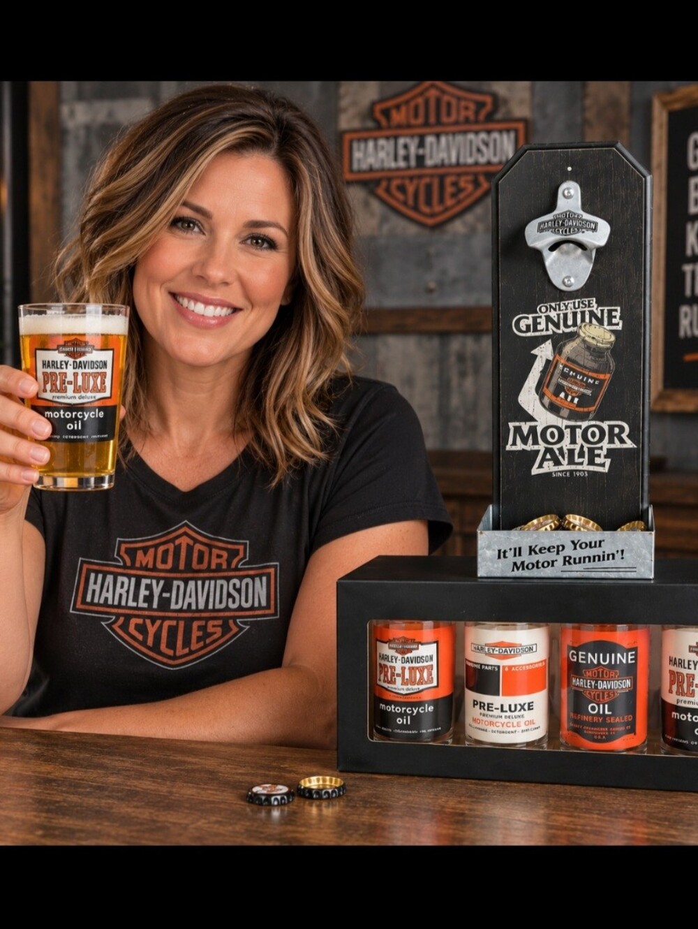 Harley-Davidson Motor Ale Bottle Opener & Glasses Set - Black and Orange